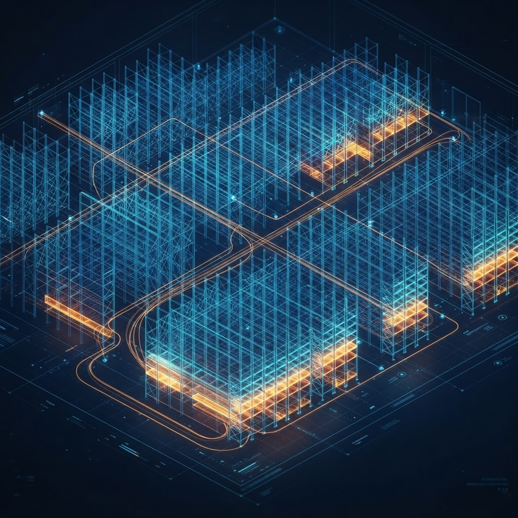 3D wireframe digital twin of a distribution center with velocity heat-map colored pick slots and glowing amber flow lines tracing aisle paths